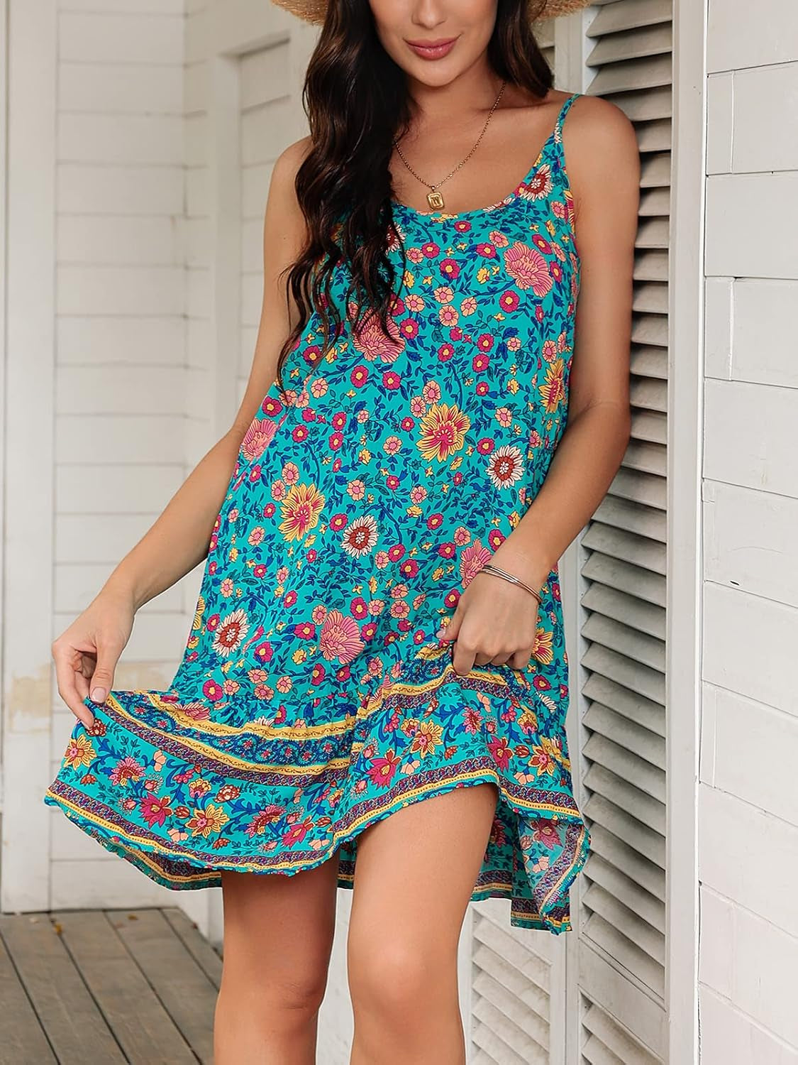 Women'S Dresses Summer Casual Floral Printed Spaghetti Strap Sun Dress Boho Beach Swing Mini Dresses Sleeveless Beach Coverup for Women Sundresses for Women S-XL Green