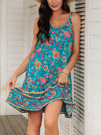 Women'S Dresses Summer Casual Floral Printed Spaghetti Strap Sun Dress Boho Beach Swing Mini Dresses Sleeveless Beach Coverup for Women Sundresses for Women S-XL Green