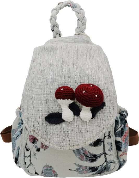 Women Cotton Woven Bohemian Hemp Boho Canvas Embroidery Multi Pocket Retro Cute Backpack Wallet Backpack（Mushroom）