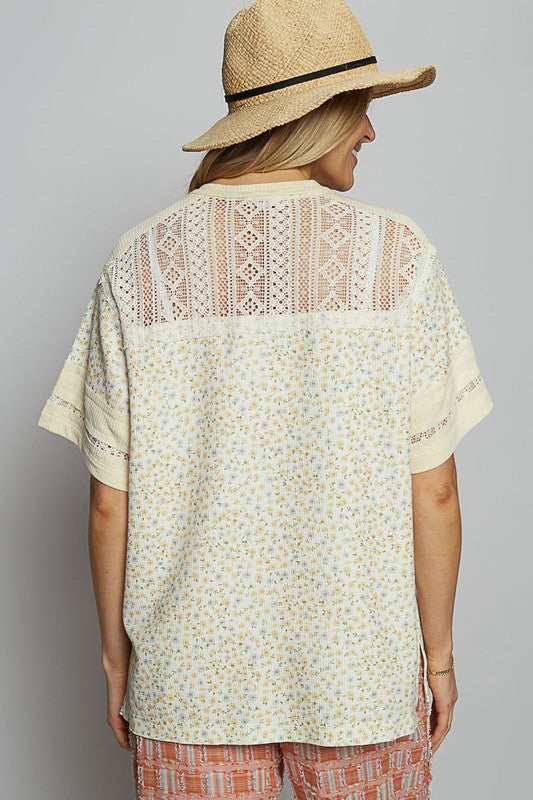 POL Clothing Number Floral Crochet Button Detail Half Sleeve Top