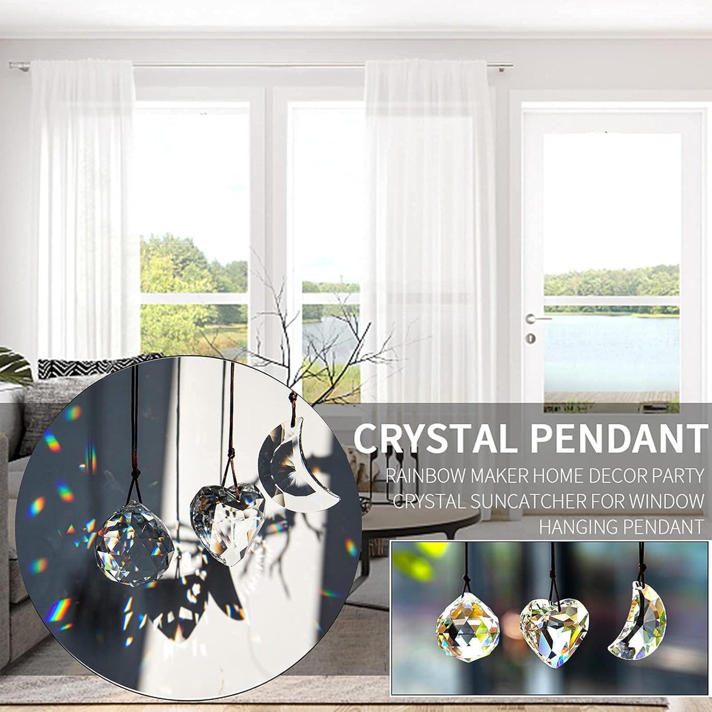 Clear Suncatcher Crystal Prism Ball Heart Moon Window Decor Ornament,Hanging Crystals Prisms for Car Garden,Pack of 3