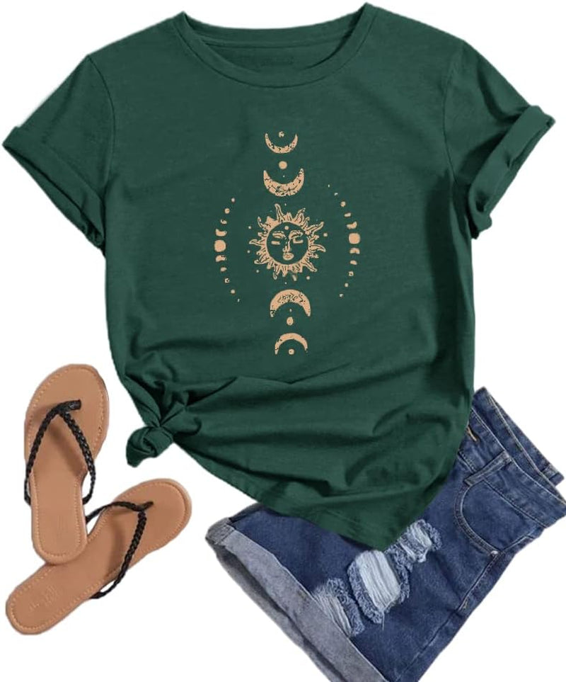 Women'S Graphic Tees Sun and Moon Printed T Shirts Summer Vintage round Neck Short Sleeve Tops Dark Green