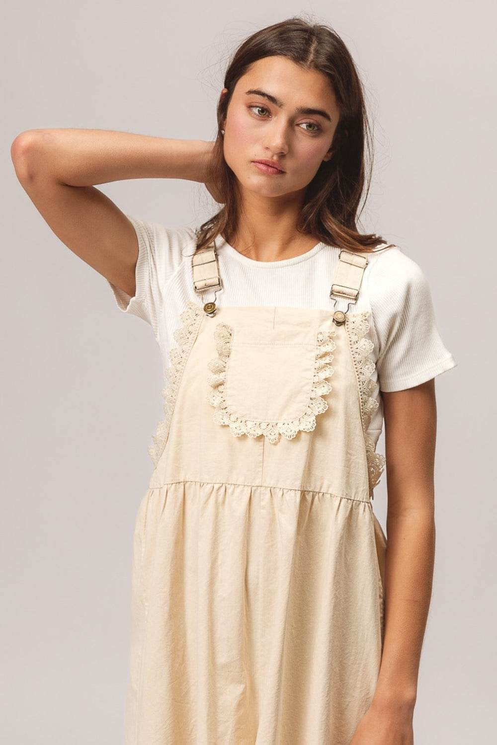 Bibi Back Patch Pocket Lace Trim Rompers
