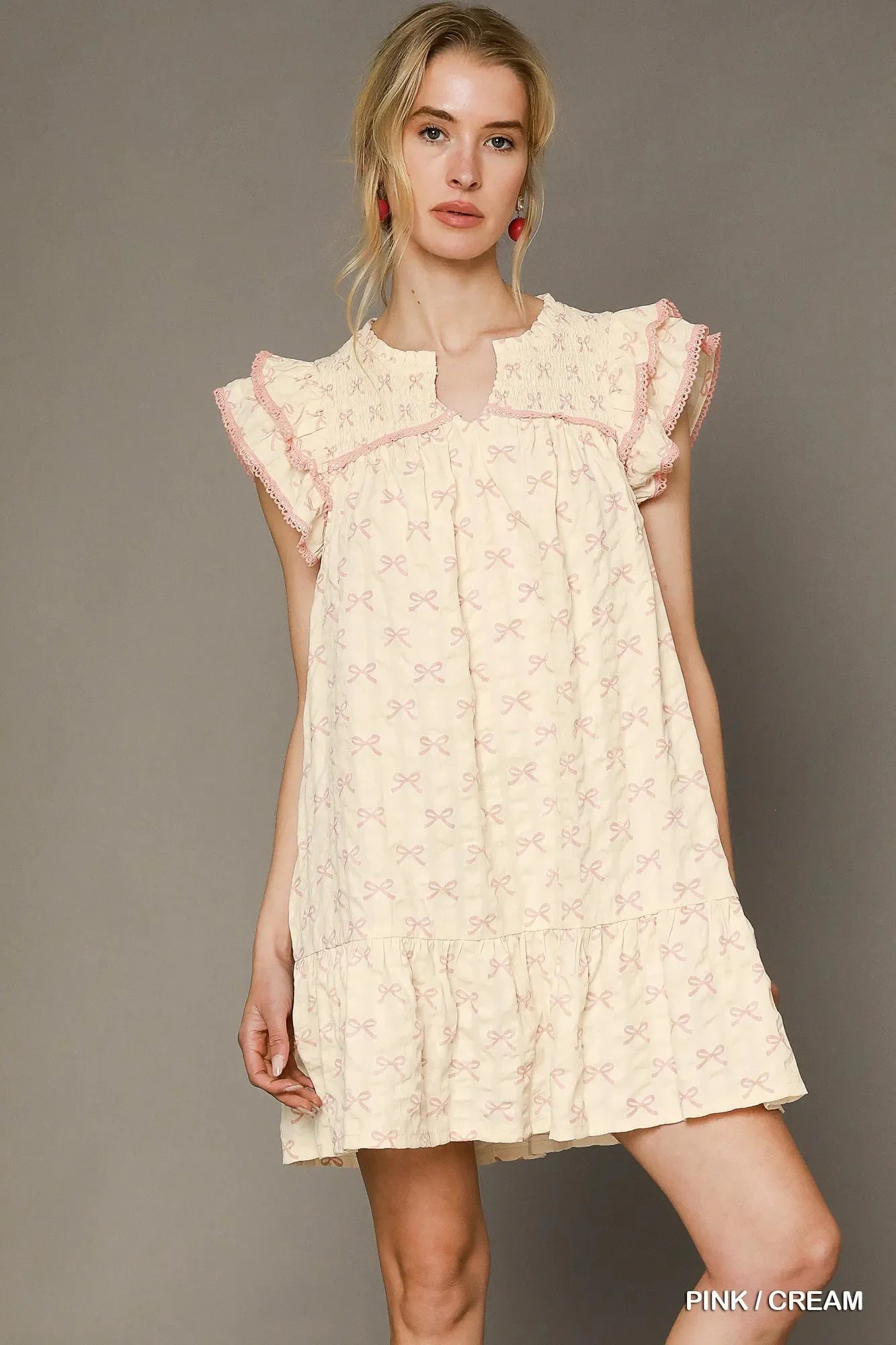 Bow Print Ruffled Cap Sleeve Mini Dress