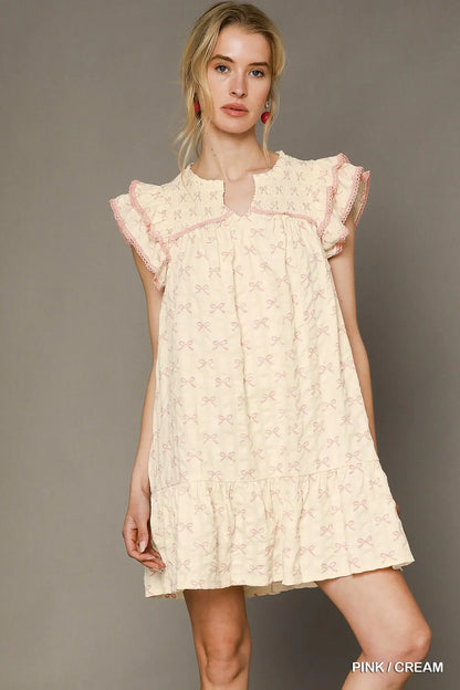 Bow Print Ruffled Cap Sleeve Mini Dress