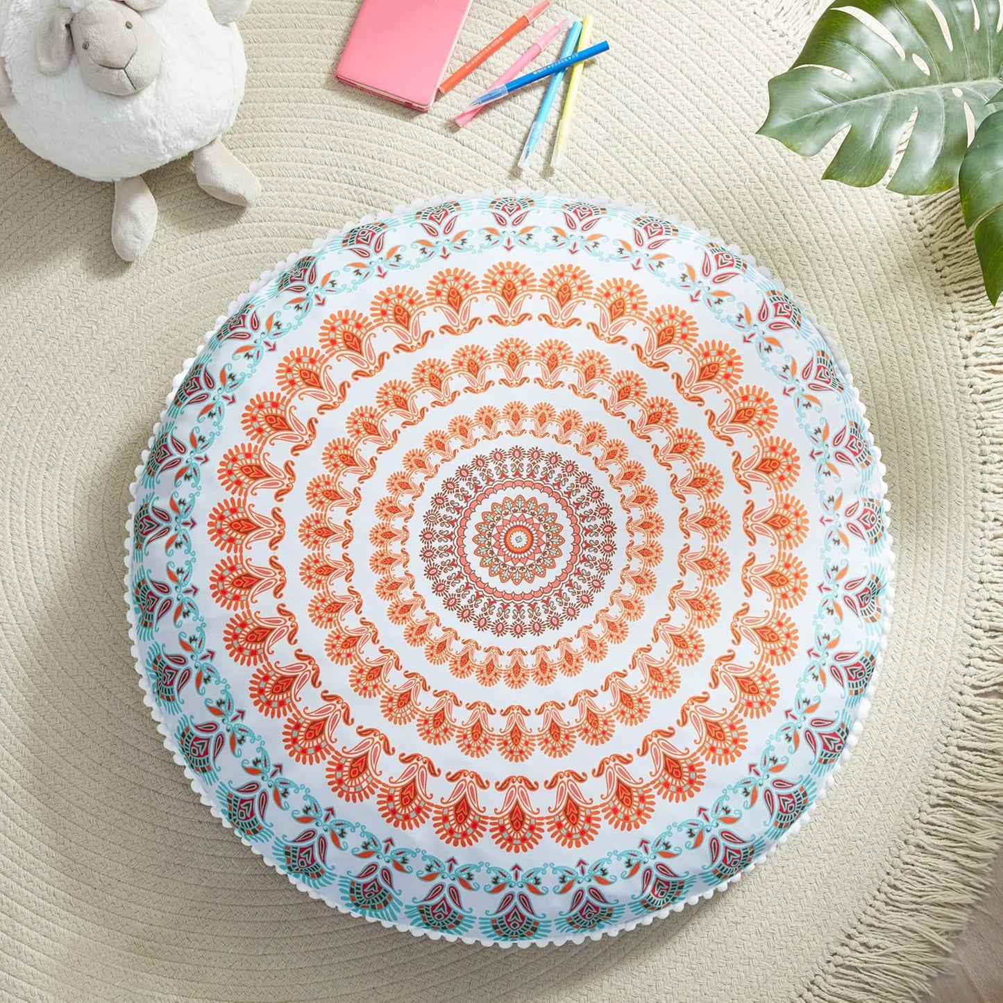 Boho Large round Floor Pillow, Oversized Mandala Meditation Pillows for Adults, Cozy Big Seating Cushion for Kids Teepee Reading Nook Playroom, Insert with Cover, Coral, 32 Inch Diameter