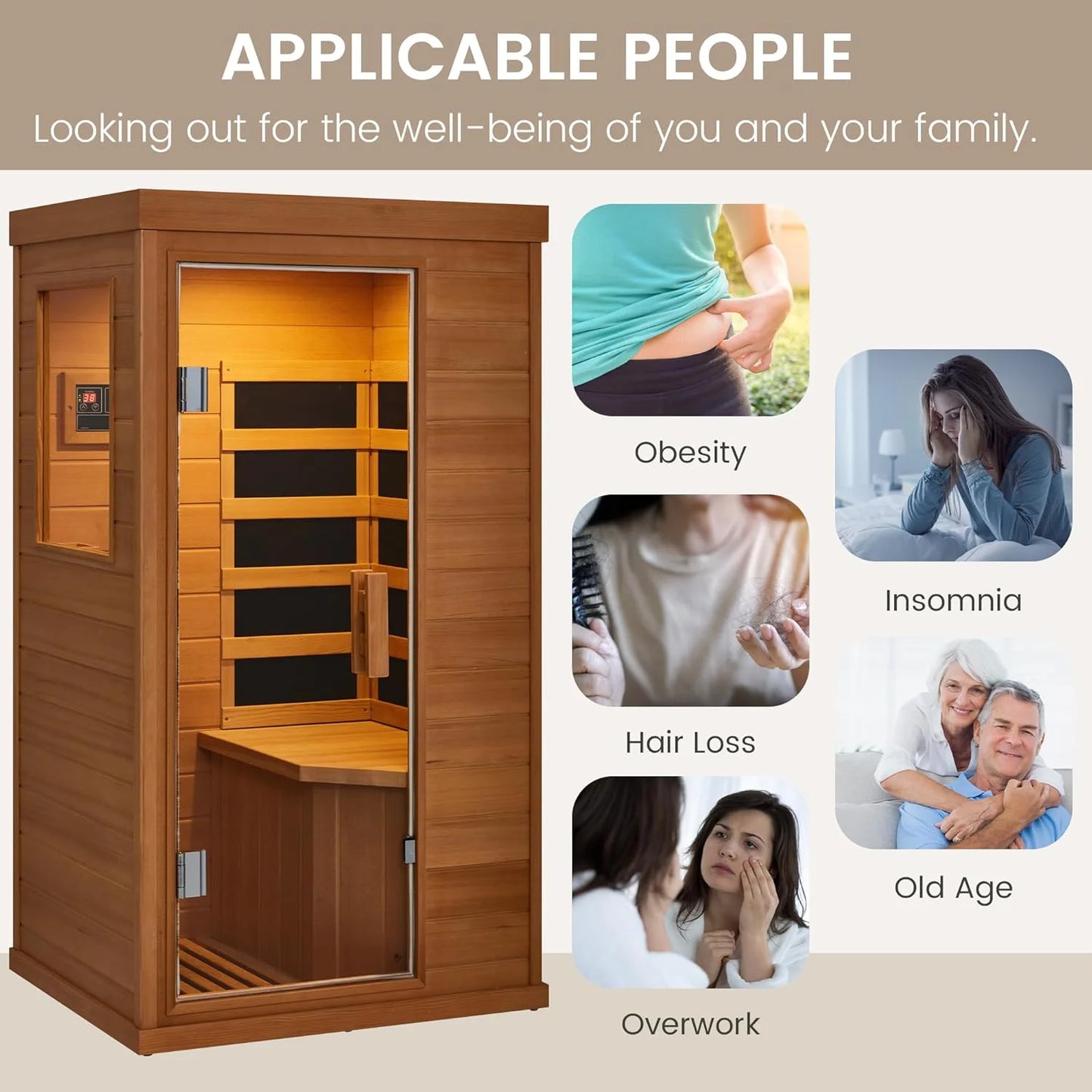 Single Infrared Full Spectrum Sauna, Indoor Wooden Dry Sauna, with 4 Heater Panels, Bluetooth and Tempered Glass