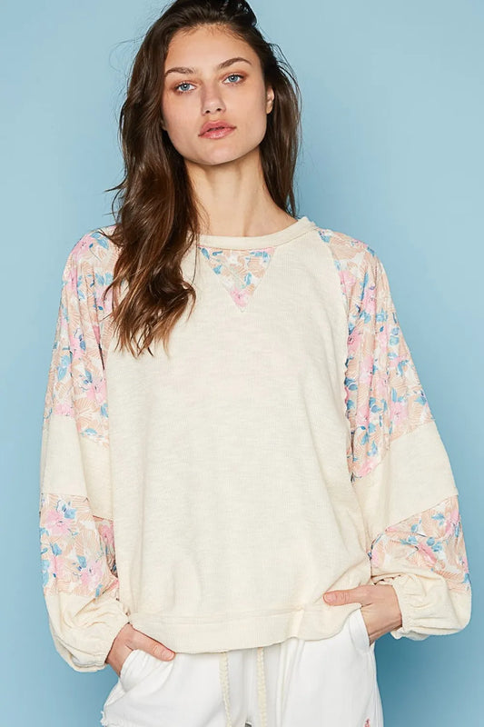 POL Clothing Round Neck Balloon Floral Long Sleeve Womens Top