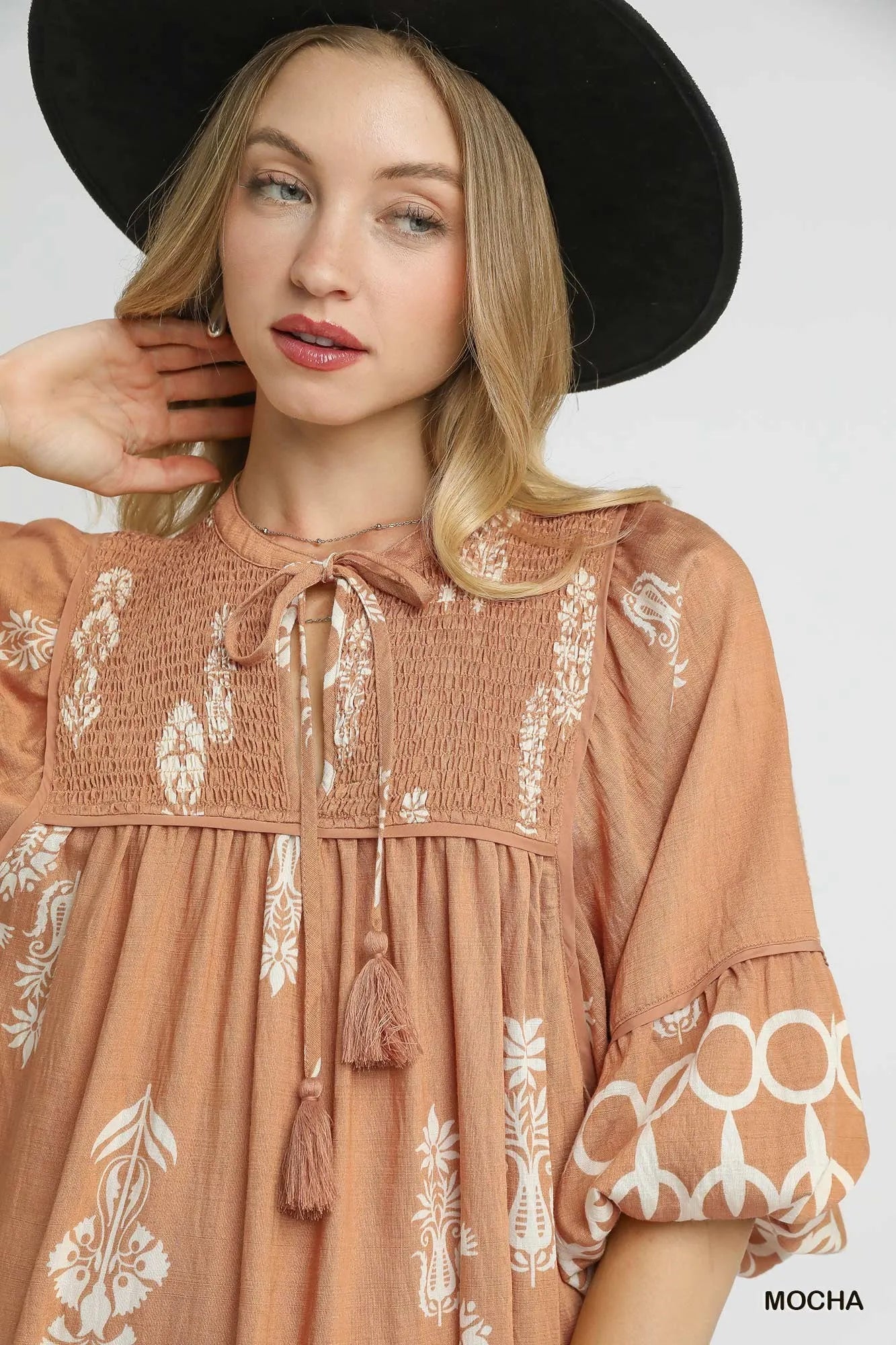 Boarder Print Tassel Tie Neck Mini Dress