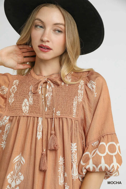 Boarder Print Tassel Tie Neck Mini Dress