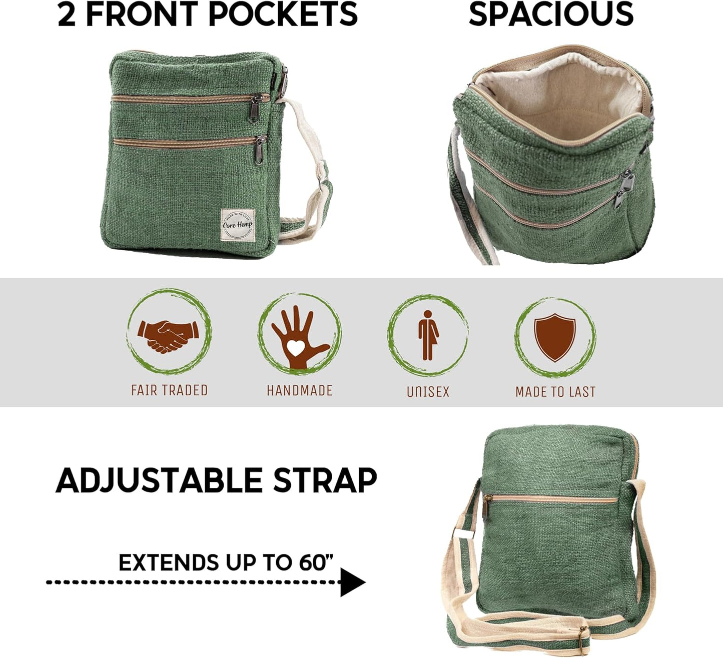 Multi Pocket Crossbody Bag Purse Made from Pure Hemp