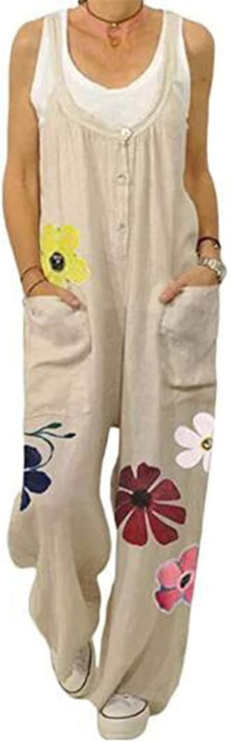Women Boho Overall Square Neck Sleeveless Baggy Romper Pants Pockets Multicolor Ethnic Jumpsuit Suspender Trousers