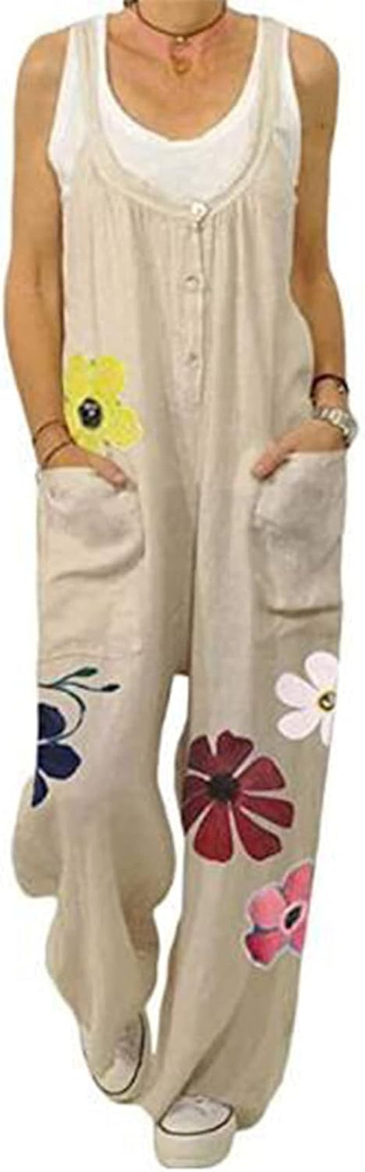 Women Boho Overall Square Neck Sleeveless Baggy Romper Pants Pockets Multicolor Ethnic Jumpsuit Suspender Trousers