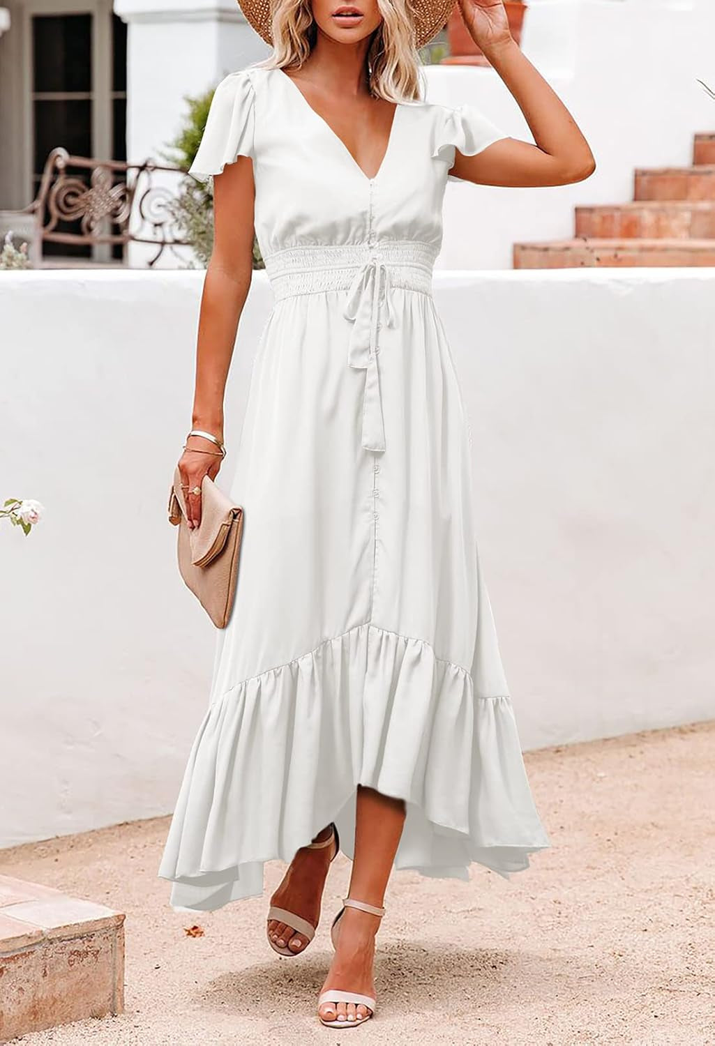 Women'S Summer Casual Long Vacation Dress Tie Waist Loose Swing Dress S Y-White