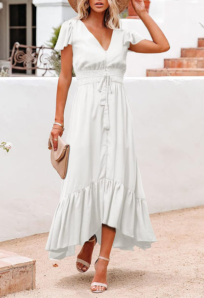 Women'S Summer Casual Long Vacation Dress Tie Waist Loose Swing Dress S Y-White