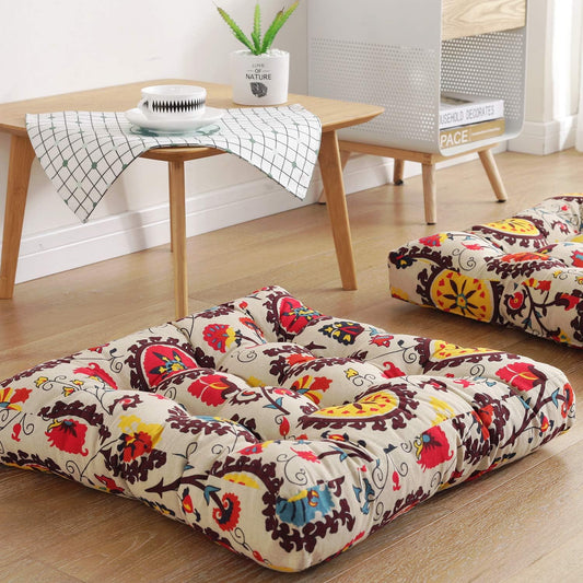 Boho Square Floor Seat Pillows Cushions 22" X 22", Soft Cotton Linen Bohemian Yoga Mandala Meditation Pouf Tatami Floor Pillow Cushion for Living Room Adults & Kids Casual Reading Nooks,Flowers Beige