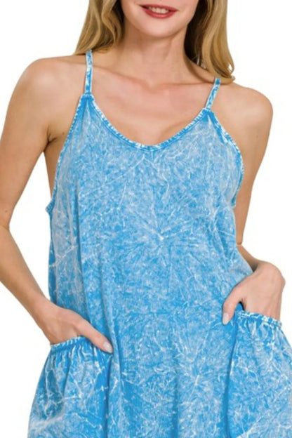 Acid Crinkle Washed Spaghetti Strap Romper