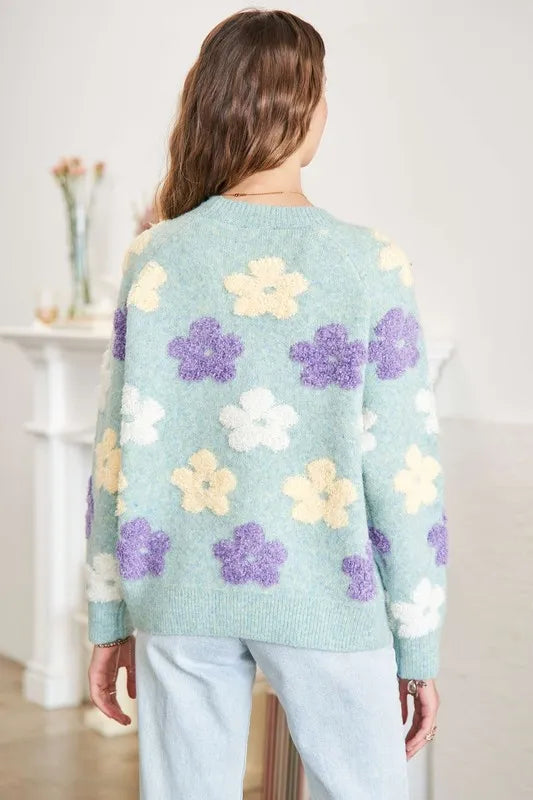 ADORA Full Size Floral Popped 2-Tone Sweater Top Plus Size in Sage