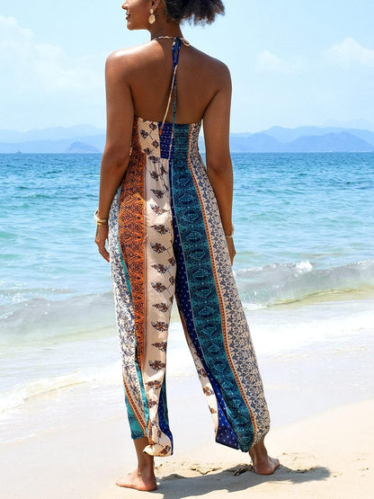 Women'S Lace up Wide Leg Halter Boho Print Floor Length Jumpsuit