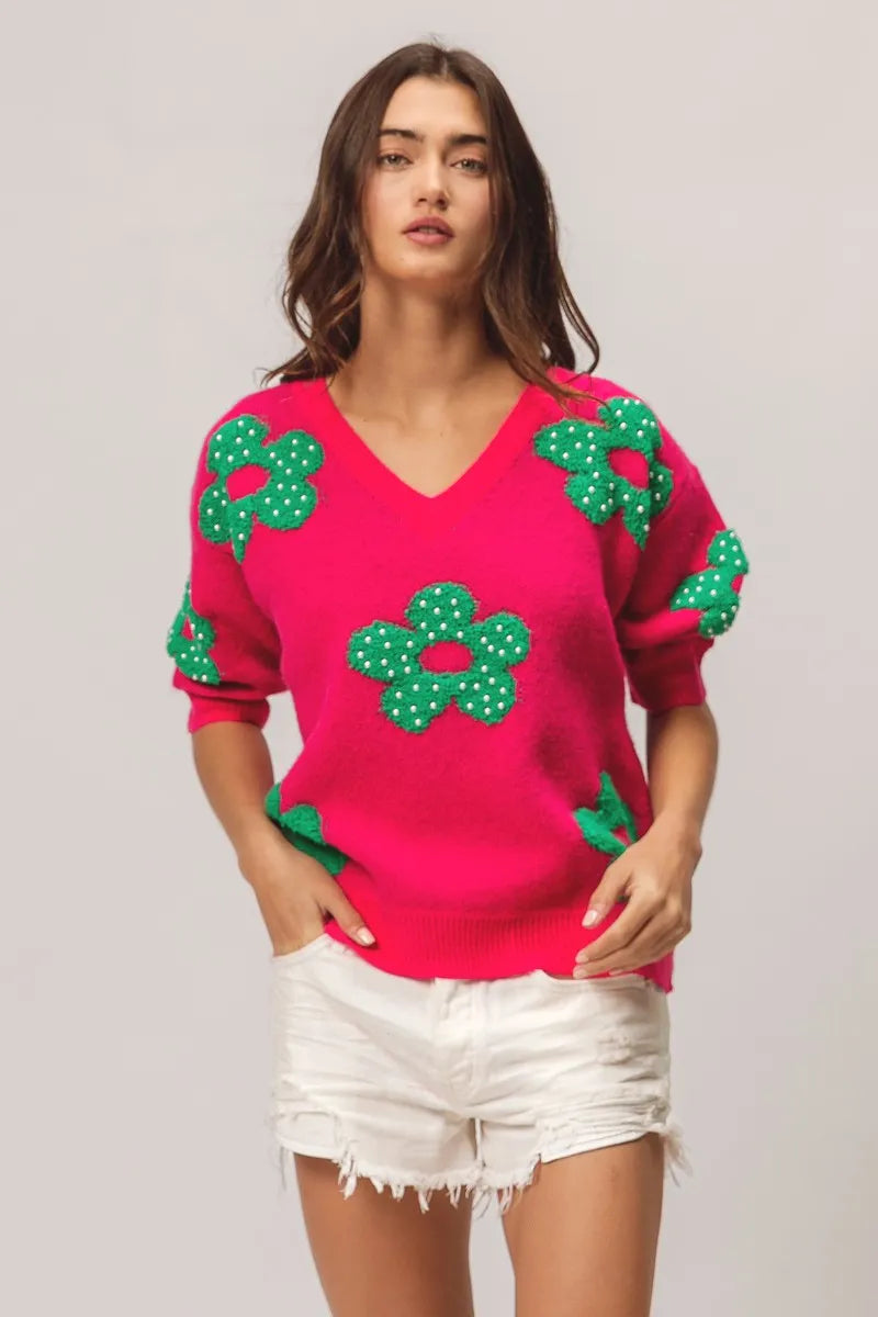 Pearl Beads Flowers Sweater Top
