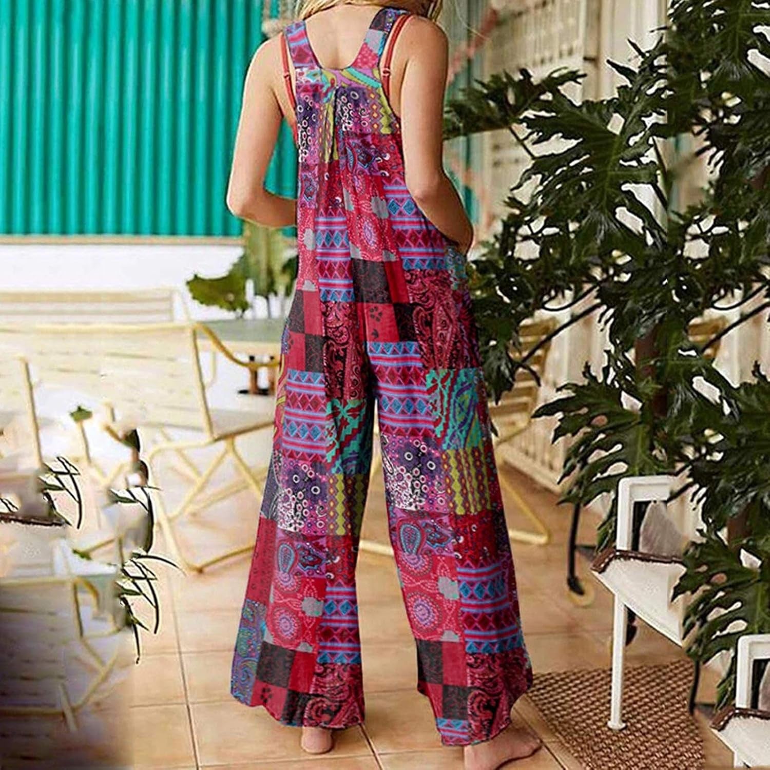 Women Boho Overalls Summer Floral Loose Suspender Trousers Jumpsuits Wide Leg Pants Romper with Pockets (C Red , X-Large )
