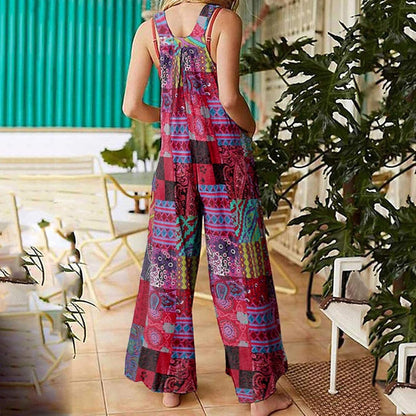 Women Boho Overalls Summer Floral Loose Suspender Trousers Jumpsuits Wide Leg Pants Romper with Pockets (C Red , X-Large )