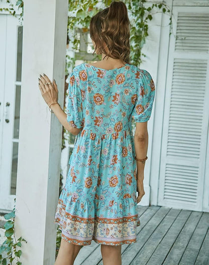 Women Boho Floral Graphic Mini Dress Short Sleeve V Neck Casual Summer Dress (Medium, Blue)