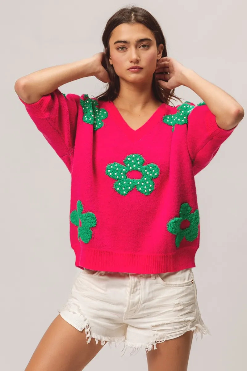 Pearl Beads Flowers Sweater Top