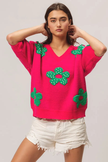 Pearl Beads Flowers Sweater Top