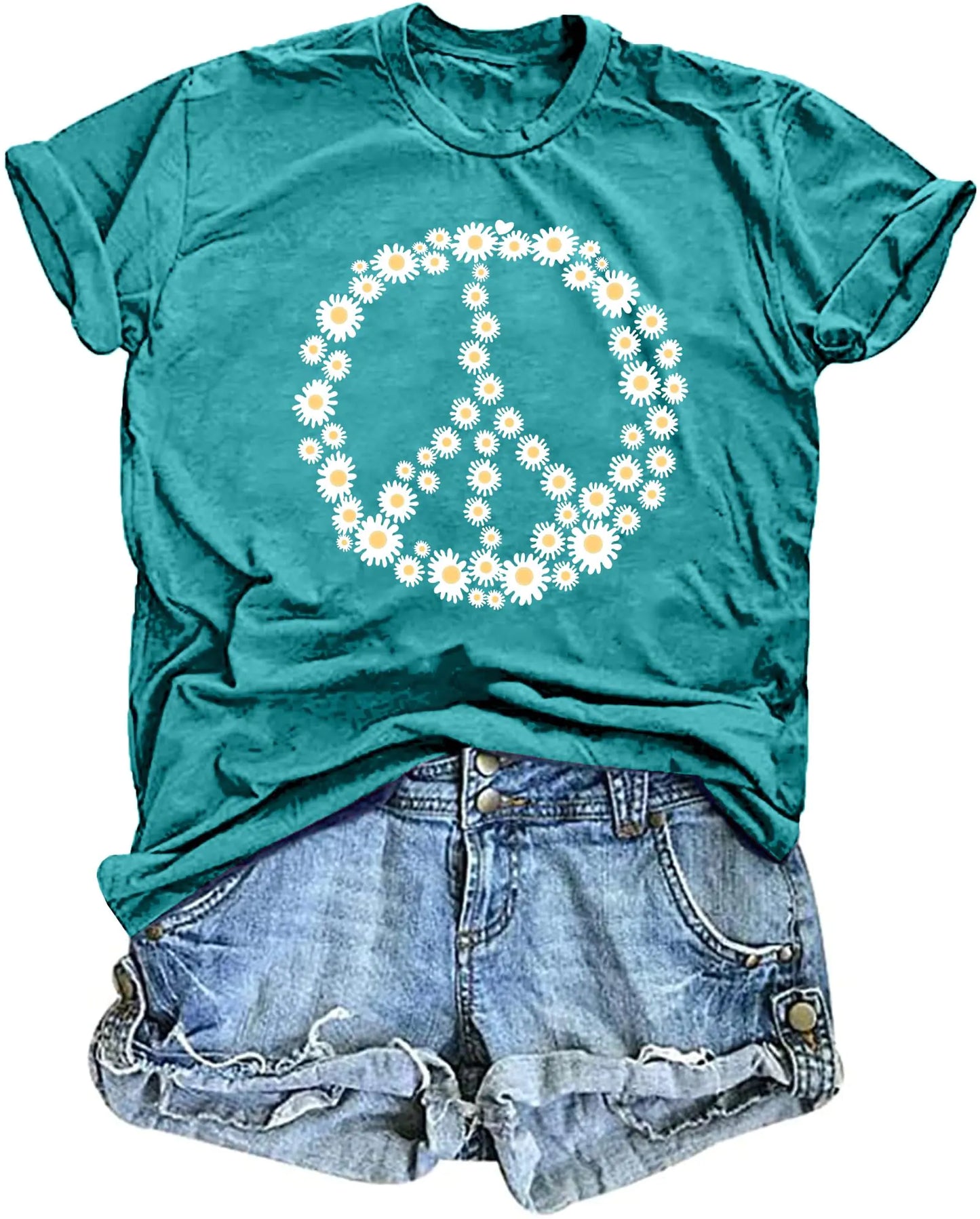 Peace Sign Love T-Shirt for Women Flower Graphic Shirt Hippie Short Sleeve 60s 70s Shirt Inspirational Tee Tops（CyanX-Large）