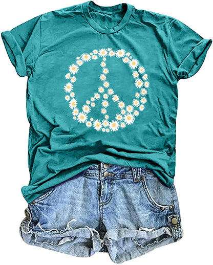 Peace Sign Love T-Shirt for Women Flower Graphic Shirt Hippie Short Sleeve 60s 70s Shirt Inspirational Tee Tops（CyanX-Large）