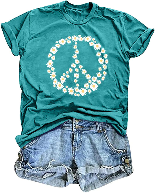 Peace Sign Love T-Shirt for Women Flower Graphic Shirt Hippie Short Sleeve 60s 70s Shirt Inspirational Tee Tops（CyanX-Large）