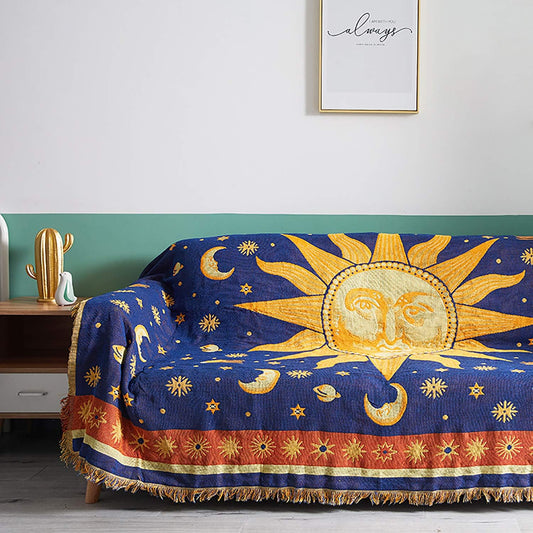 Sun and Moon Stars Hippie Throw Blanket Celestial Tapestry Double-Sided Reversible Woven Cotton Home Decor Bedding Chair Couch Recliner Cover Loveseat Rug Oversized Tassels Blue Yellow (91X71)