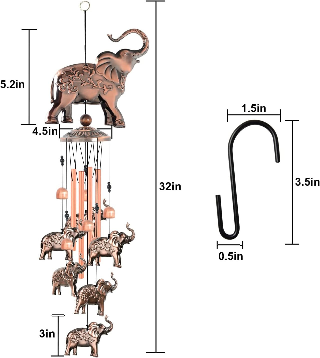 Elephant Wind Chimes, Elephant Room Decor Garden Decor Patio Decorations with S Hook Gifts for Mom Women Grandma Friends Mother