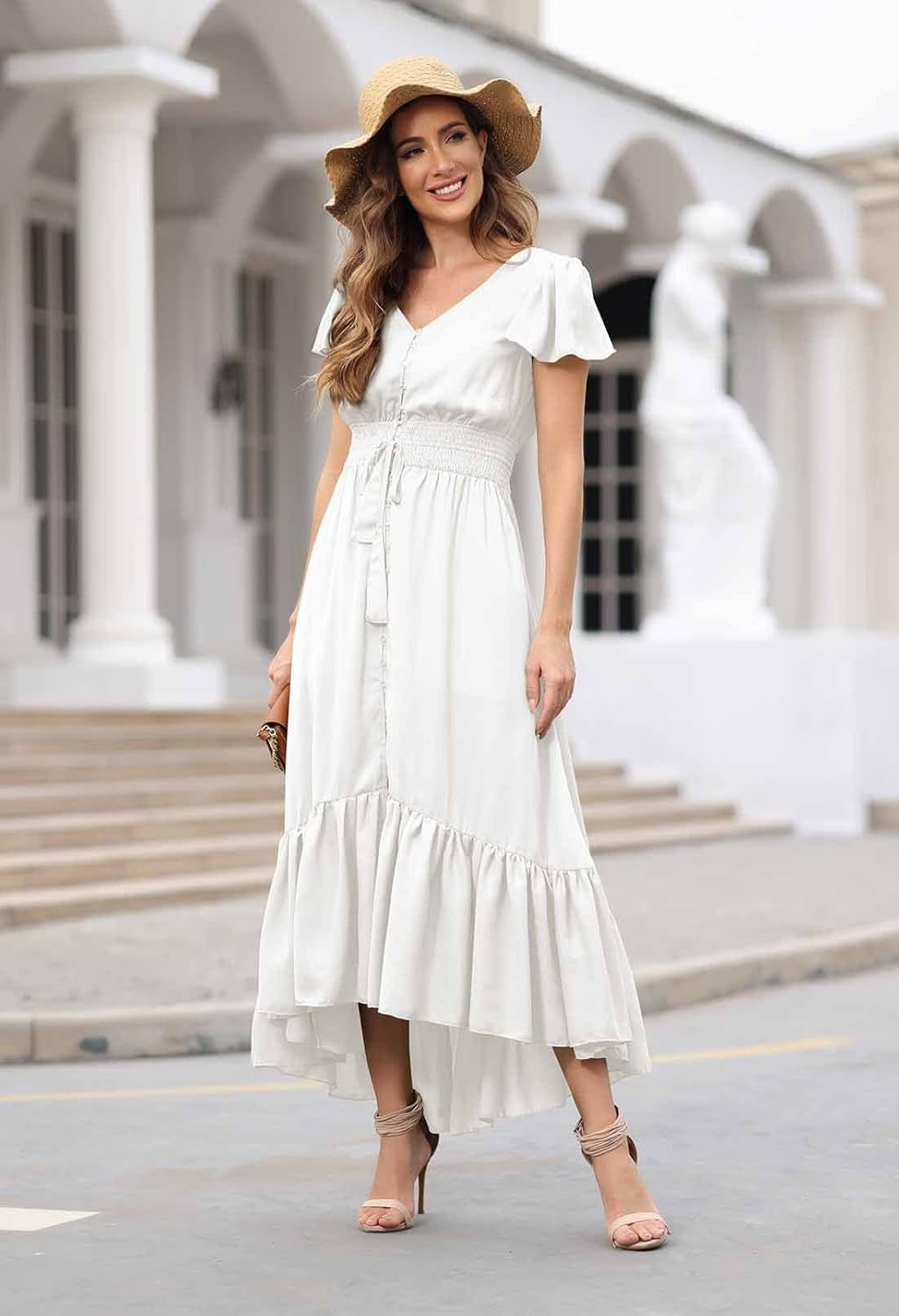Women'S Summer Casual Long Vacation Dress Tie Waist Loose Swing Dress S Y-White