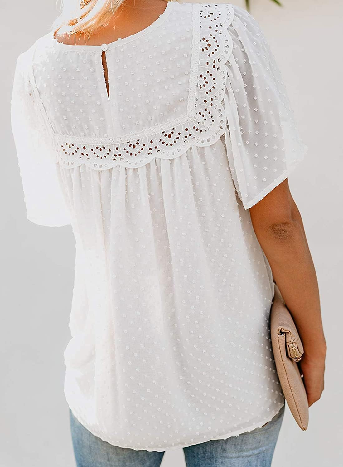 Plus Size Womens Summer Tops Blouses - Ladies Short Sleeve Crochet Lace Chiffon Blouse Polka Dots Boho Flowy Tunic Shirts White