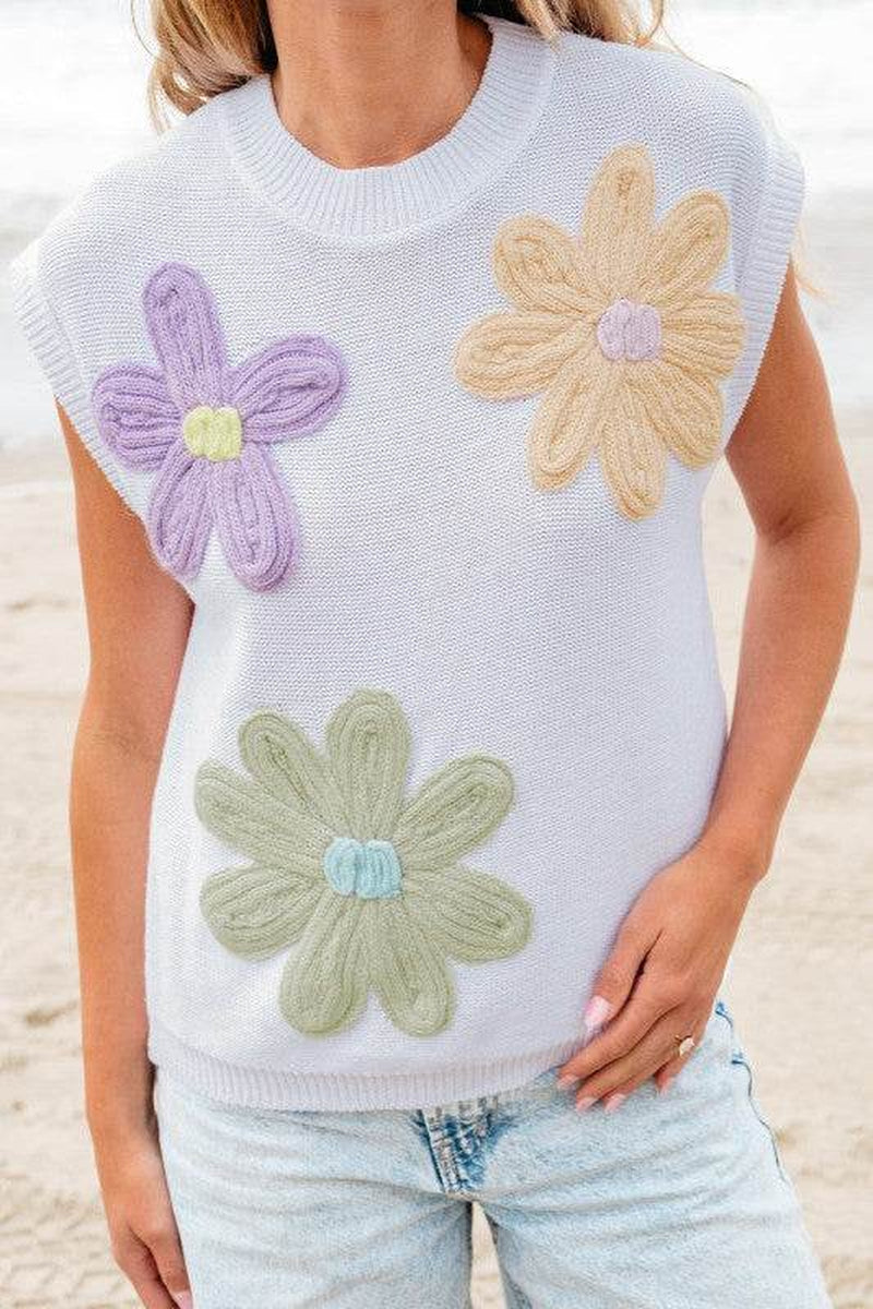 Hannah Crochet Flower Knit Short Sleeve Sweater To