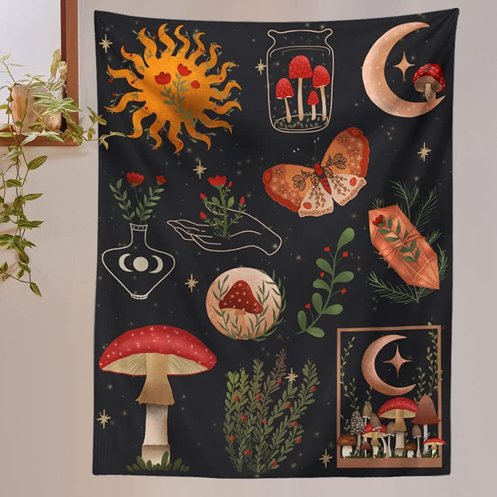 Botanical Mushroom Tapestry Wall Hanging Floral Sun Moon Starry Chart Wall Tapestry Bohemian Tapestries for Badroom Home Decor (51X59Inch)
