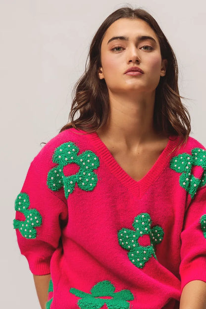 Pearl Beads Flowers Sweater Top