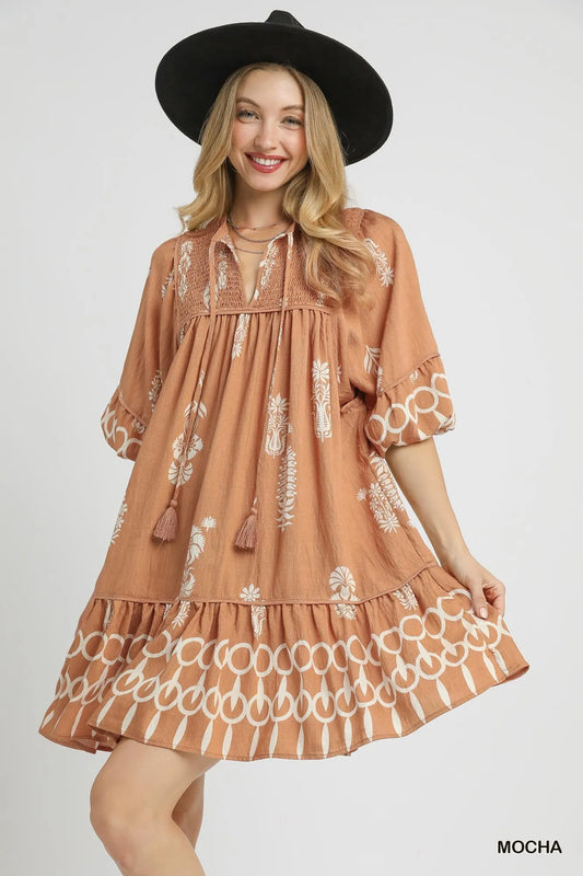 Boarder Print Tassel Tie Neck Mini Dress