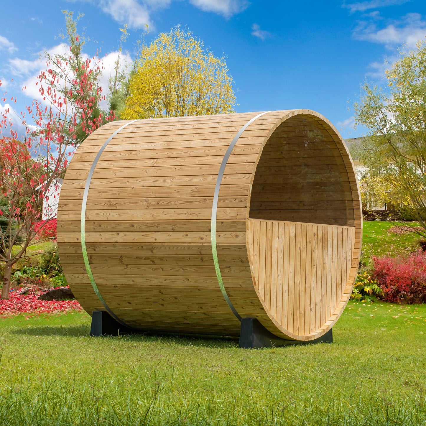 WOODBRIDGE 2-Person Luxury Finland thermo Pine Outdoor Barrel Sauna with half View Window,Harvia Electric Heater with Sauna Stone, Sauna accessories Kit and Asphalt Shingle Roof, 4'x6'