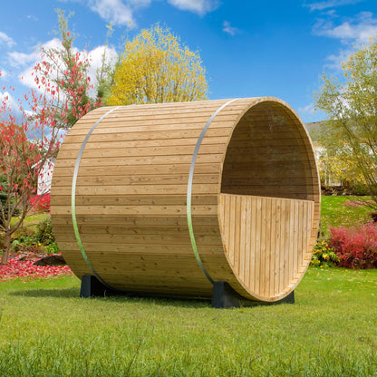 WOODBRIDGE 2-Person Luxury Finland thermo Pine Outdoor Barrel Sauna with half View Window,Harvia Electric Heater with Sauna Stone, Sauna accessories Kit and Asphalt Shingle Roof, 4'x6'