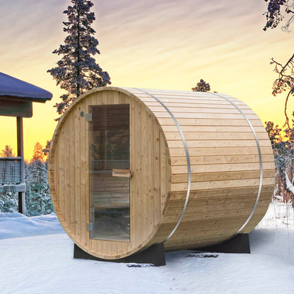WOODBRIDGE 2-Person Luxury Finland thermo Pine Outdoor Barrel Sauna with half View Window,Harvia Electric Heater with Sauna Stone, Sauna accessories Kit and Asphalt Shingle Roof, 4'x6'