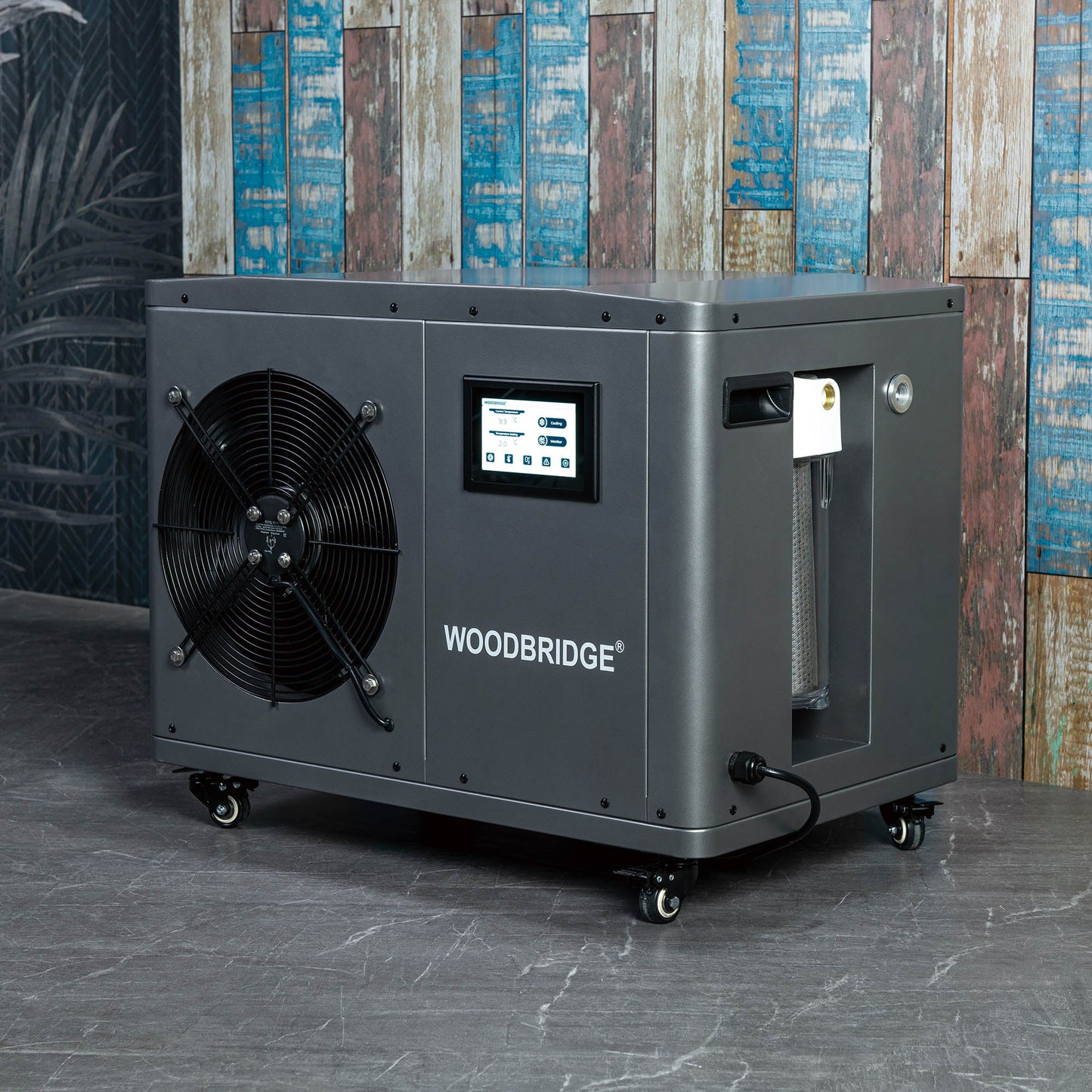 WOODBRIDGE 59" Cold Plunge Tub with 1.3 HP High-Performance Cooling and Heating Chiller in Gray, Ozone sanitation, Filter circulation system, Insulated Tub Lid, Wood Stool, Wood Seat