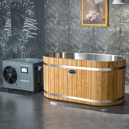 WOODBRIDGE 59" Cold Plunge Tub with 1.3 HP High-Performance Cooling and Heating Chiller in Gray, Ozone sanitation, Filter circulation system, Insulated Tub Lid, Wood Stool, Wood Seat