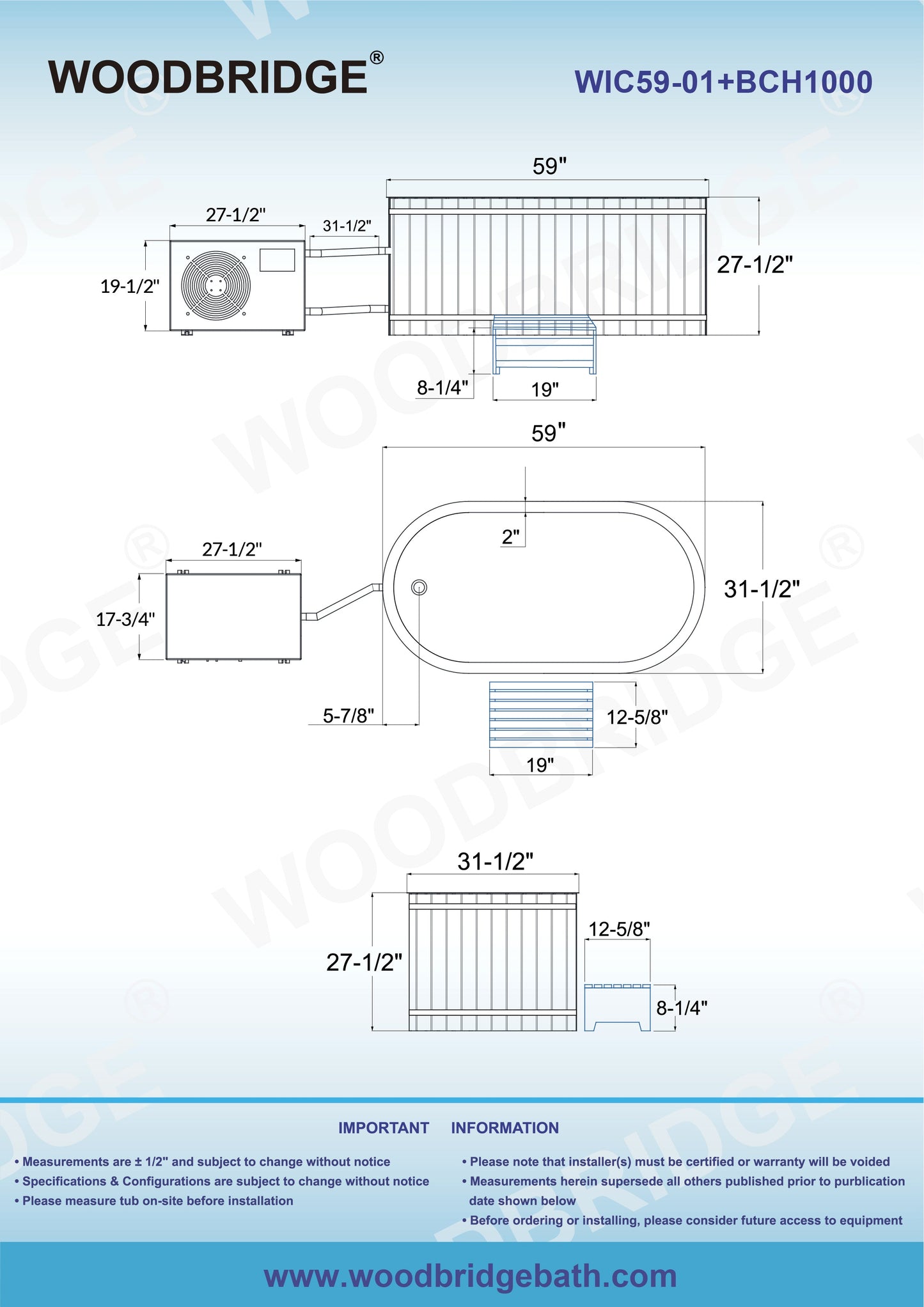 WOODBRIDGE 59" Cold Plunge Tub with 1.3 HP High-Performance Cooling and Heating Chiller in Gray, Ozone sanitation, Filter circulation system, Insulated Tub Lid, Wood Stool, Wood Seat