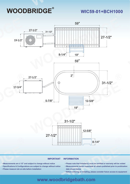 WOODBRIDGE 59" Cold Plunge Tub with 1.3 HP High-Performance Cooling and Heating Chiller in Gray, Ozone sanitation, Filter circulation system, Insulated Tub Lid, Wood Stool, Wood Seat