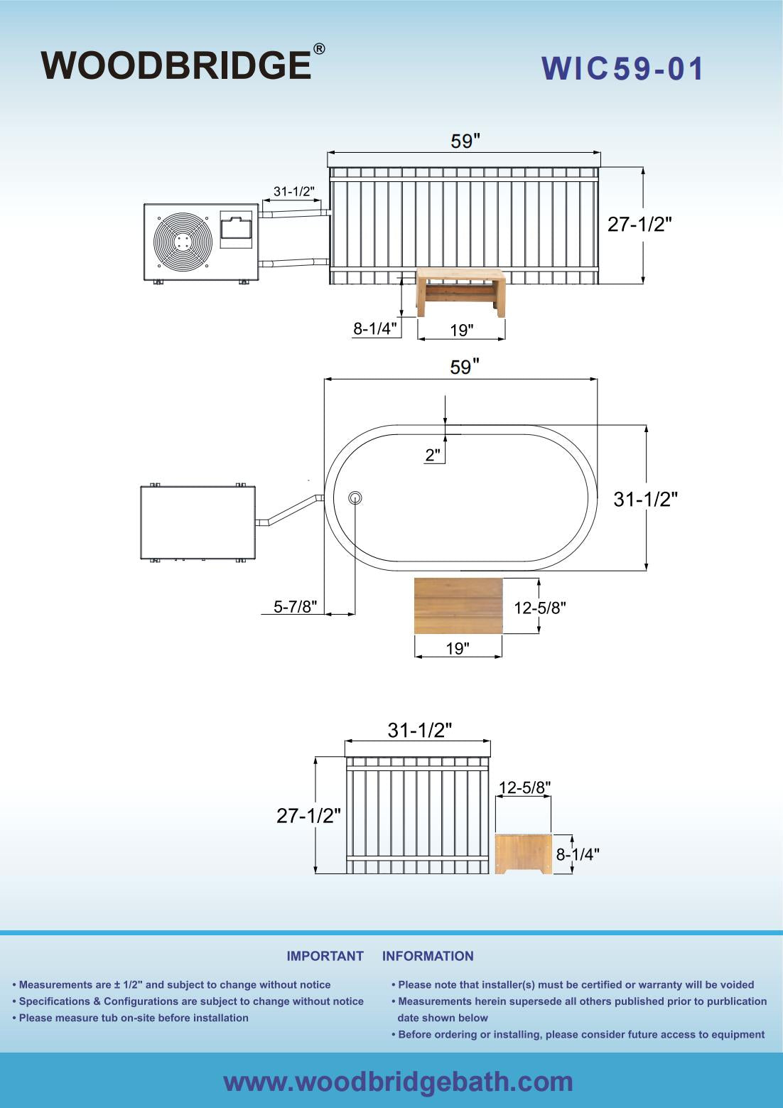 WOODBRIDGE 59" Luxury Cold Plunge Ice Tub with Chiller and Heater, Stainless Steel Liner, Ozone sanitation, Filter circulation system, Insulated Tub Lid, Wood Stool, Wood seat and Chrome Pop-Up Drain