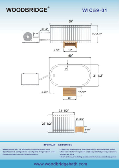 WOODBRIDGE 59" Luxury Cold Plunge Ice Tub with Chiller and Heater, Stainless Steel Liner, Ozone sanitation, Filter circulation system, Insulated Tub Lid, Wood Stool, Wood seat and Chrome Pop-Up Drain