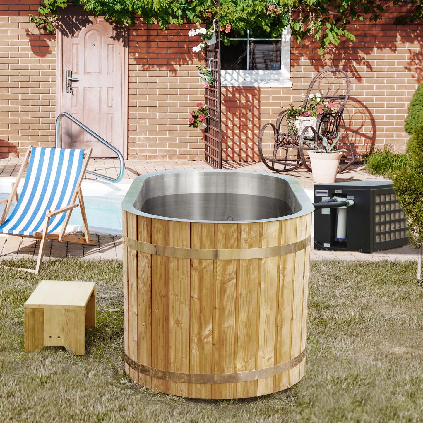 WOODBRIDGE 59" Luxury Cold Plunge Ice Tub with Chiller and Heater, Stainless Steel Liner, Ozone sanitation, Filter circulation system, Insulated Tub Lid, Wood Stool, Wood seat and Chrome Pop-Up Drain